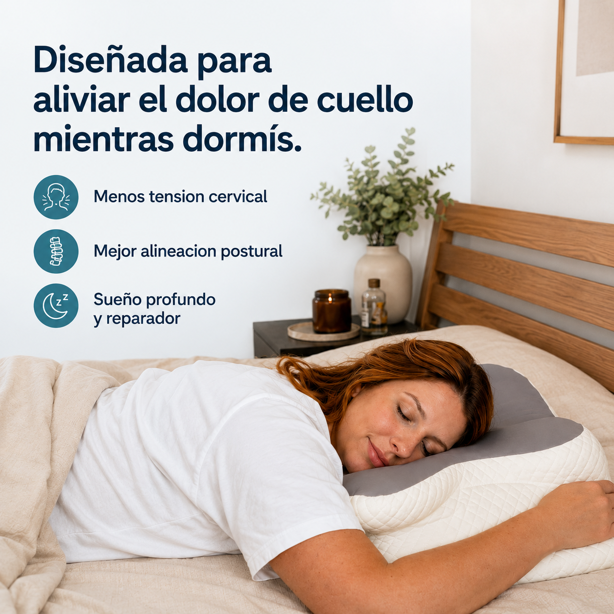 Diseñada para aliviar el dolor de cuello mientras dormís — menos tensión cervical, mejor alineación postural, sueño profundo y reparador