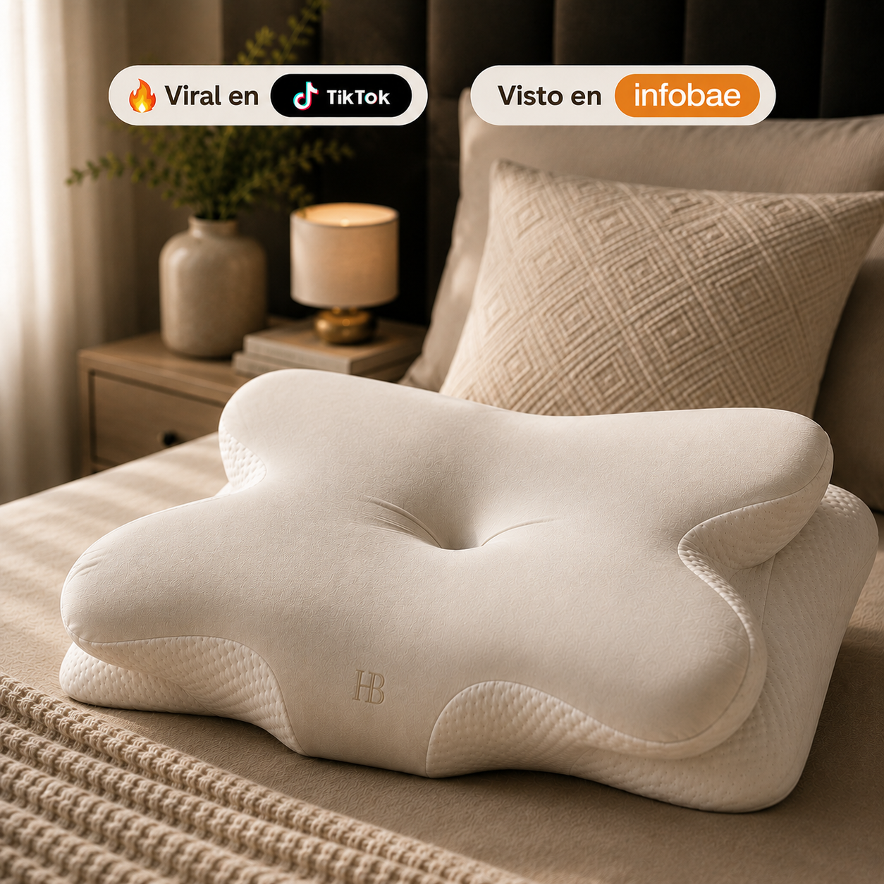 Almohada cervical ONESS HB sobre cama — viral en TikTok y vista en Infobae